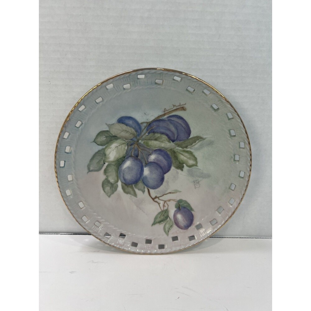 Hand painted Plate Decorative Fruit Plums Vintage 8” Wall Hanger Porcelain Gold